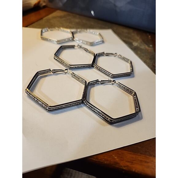 Unbranded Jewelry - Set of 3 Silver 1 3/4" Hexagon Earrings Hoop Style Hanging Post Clasp
